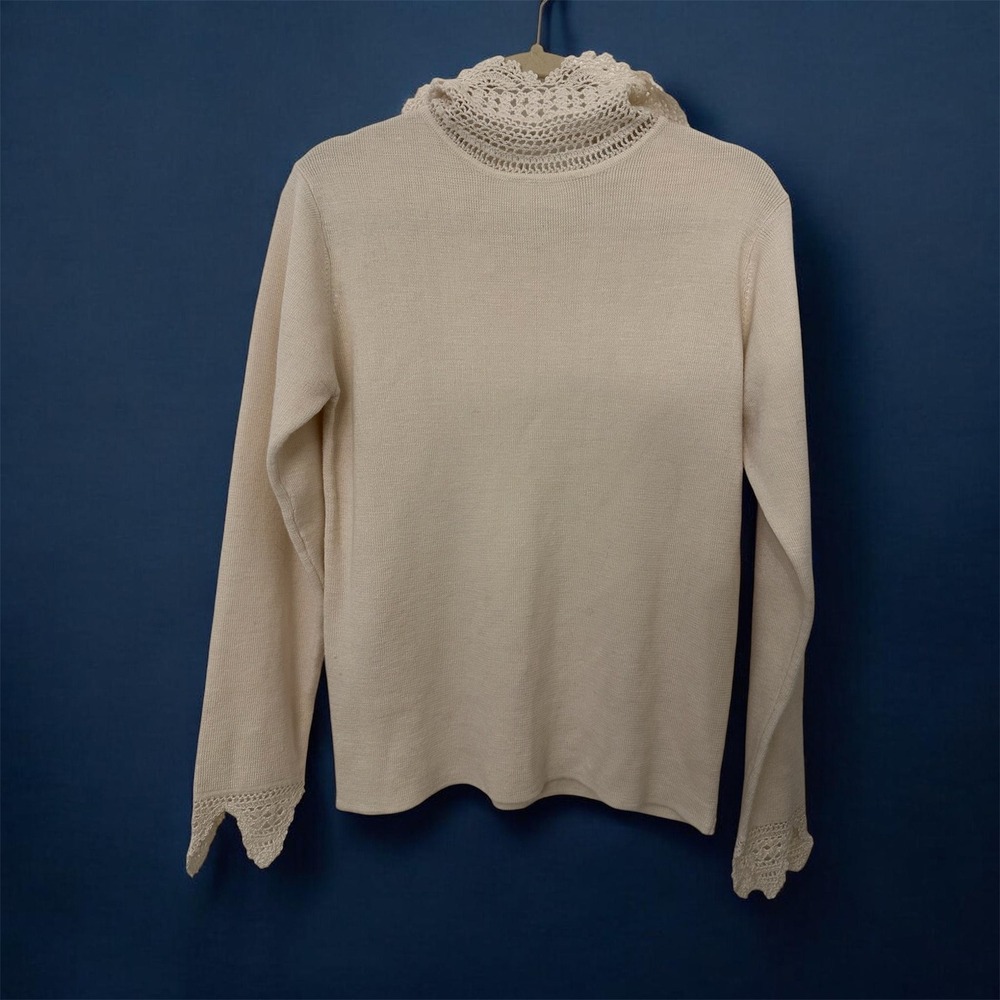 Soft Surroundings Ivory Crochet Lace High Neck Wool Blend Sweater Medium Cream